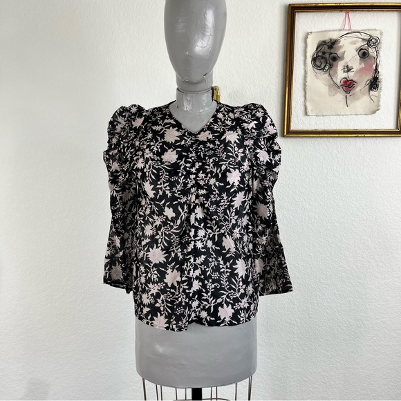 Ulla Johnson Black Silk & Cotton Printed Pink Floral Sheer Blouse - Picture 2 of 9